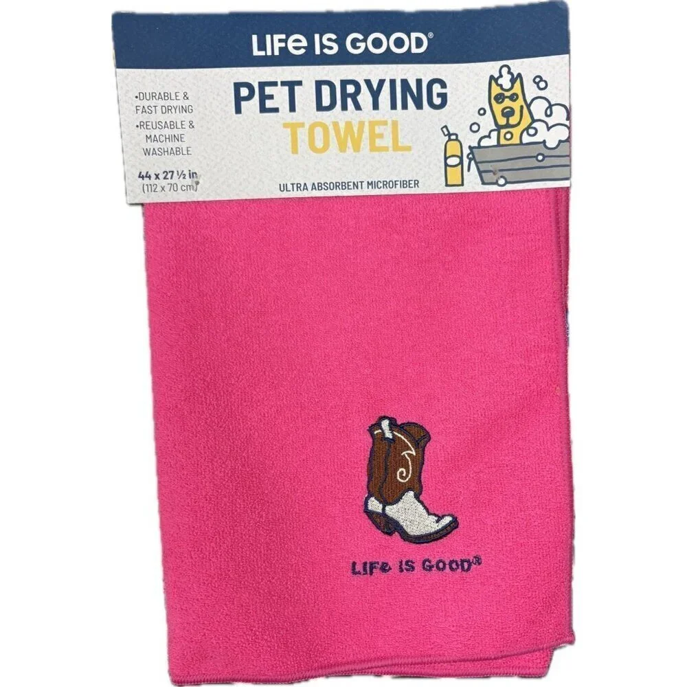 Life Is Good Pink Cowboy Boot Patch Microfiber Finished Edges Pet Drying Towel