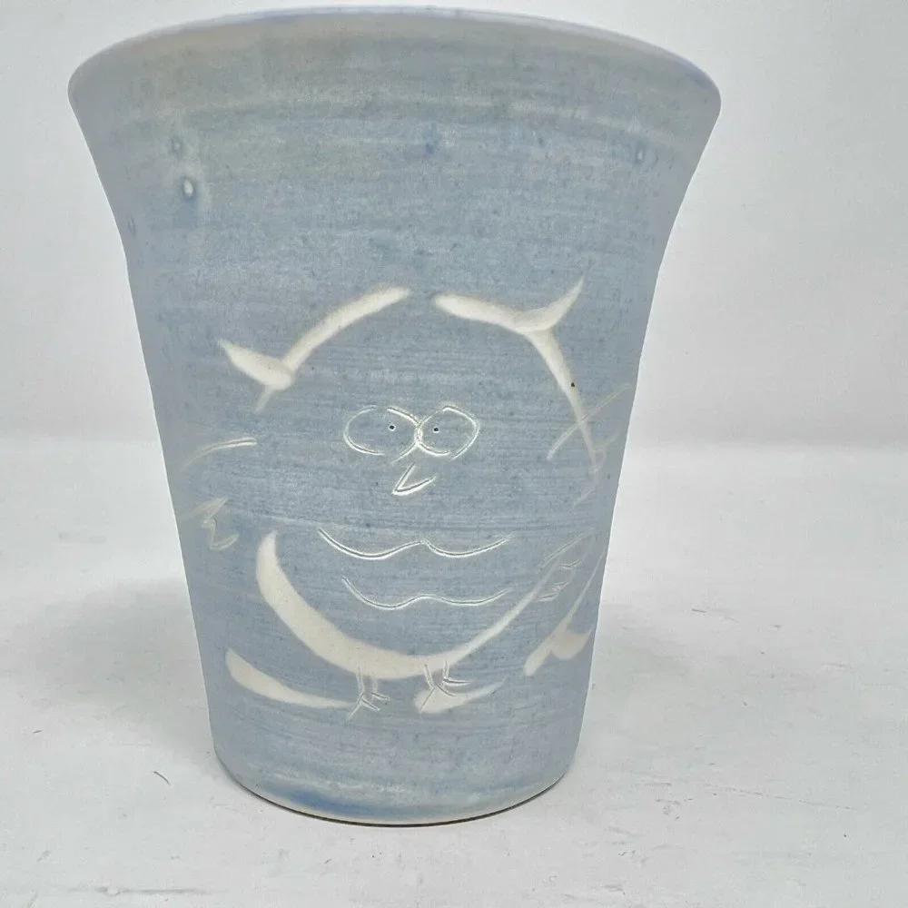 Owl Hand Thrown Pottery Cup Incised Design Blue Wash with Crackle Interior Matte