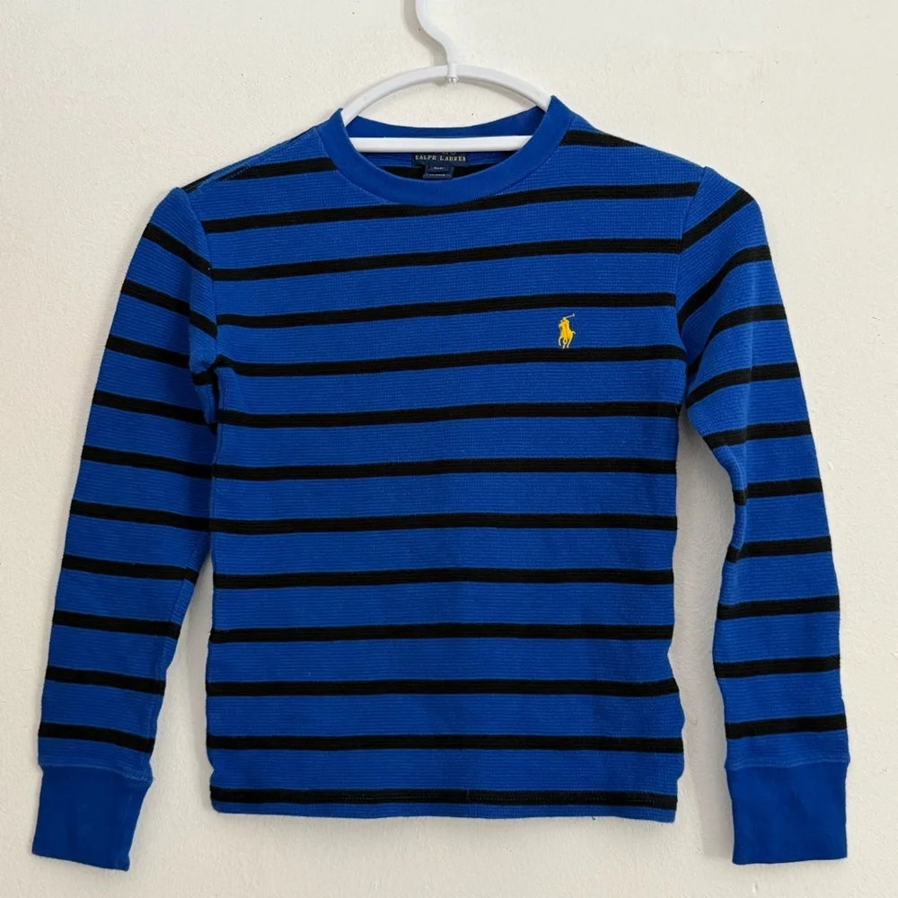 Ralph Lauren Boys Size 8 Royal Blue Black Striped Long Sleeve Thermal‎ Shirt