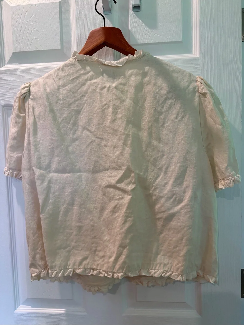 Reformation Bess Linen Top ES Cream Ruffle-Trim Short Sleeve Blouse