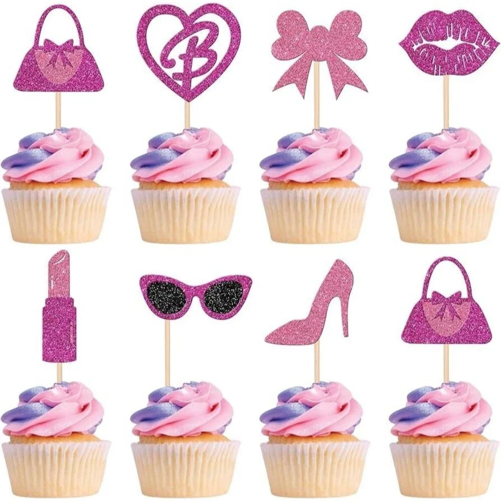 24 Piece Pink Sparkling Lipstick Barbie High Heel Handbag Party Cupcake Toppers