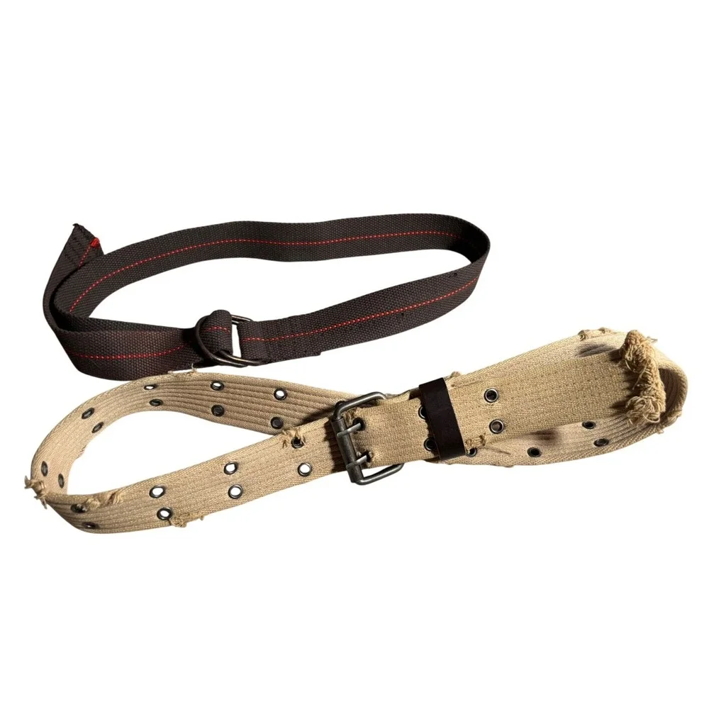 Mens Belt Lot L Web Set Brown D-Ring Red Stitch & Tan Distressed Double Grommet