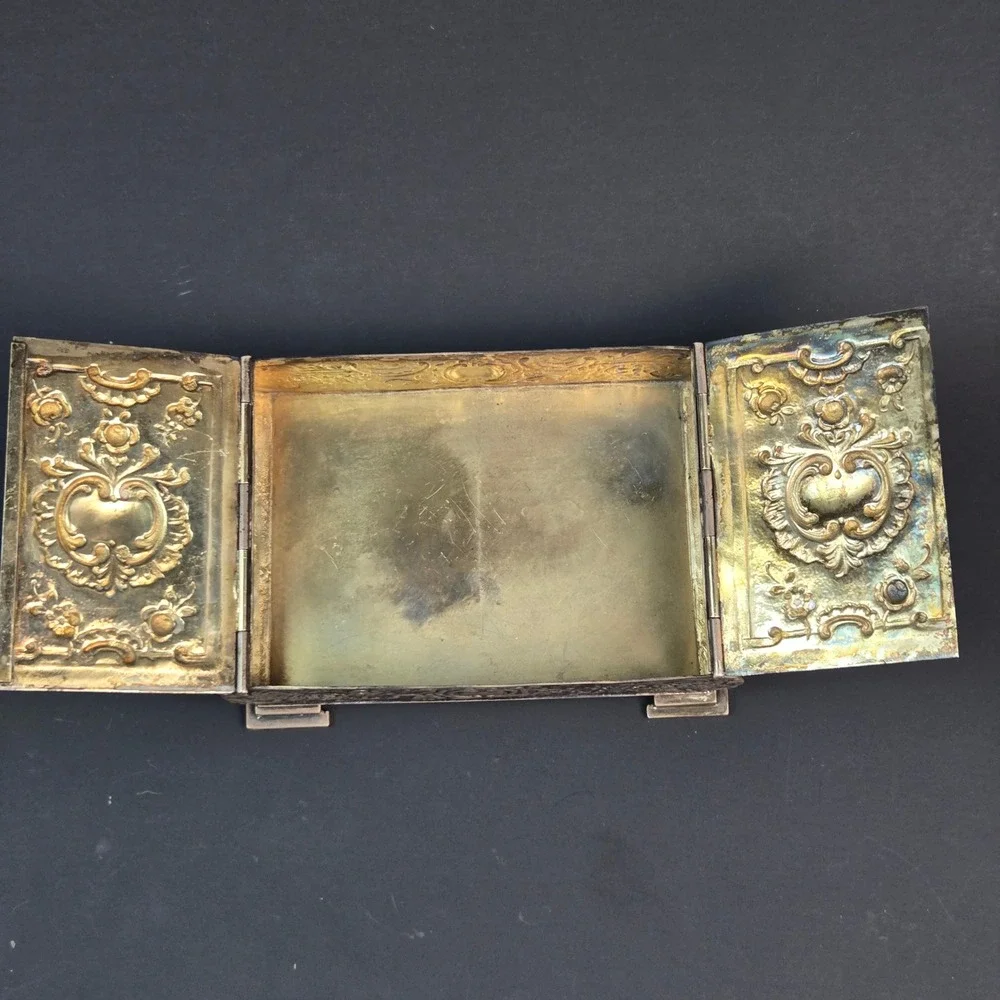 Antique German 800 Silver Double Door Box Art Nouveau Floral Repousse Case
