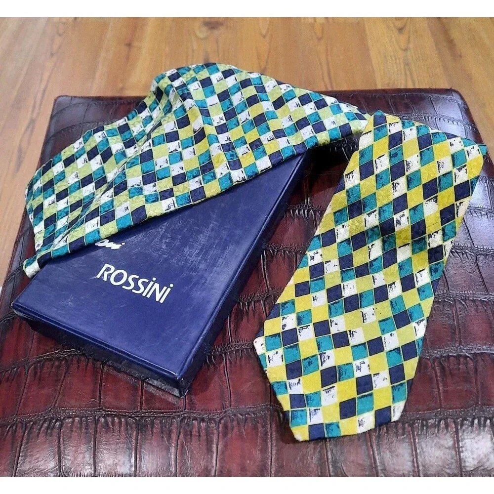 Rossini Silk Tie & Matching Pocket Square Yellow Blue Green White Harlequin XLNT