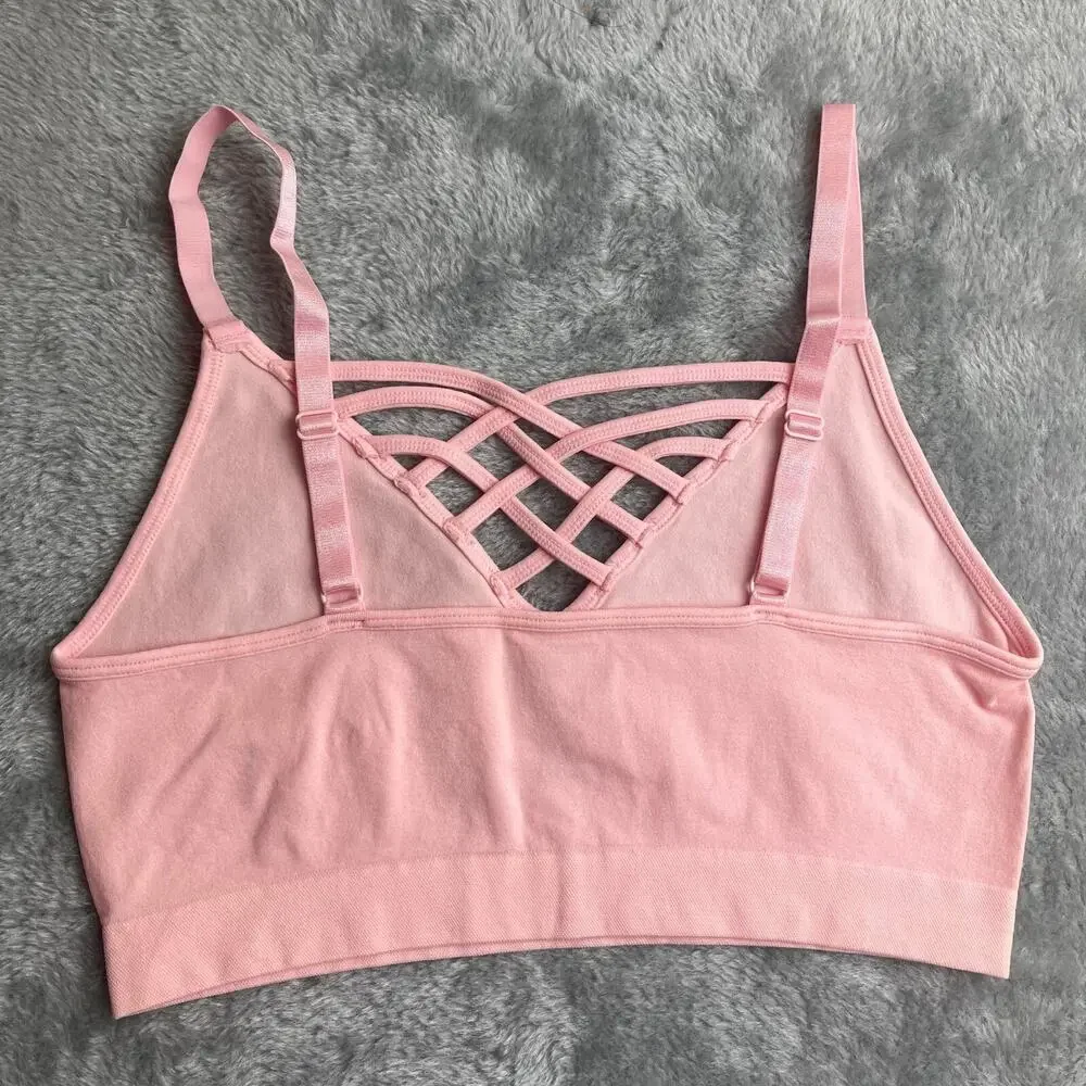 Women's Front V-Lattice Bralette‎ Adjustable Straps NOT PADDED Dusty Pink S/M