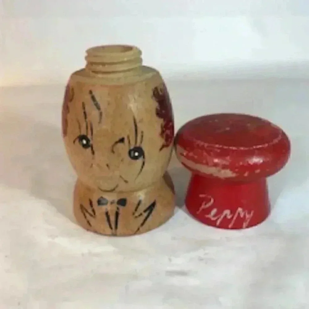 Vintage Salty And Peppy Wooden‎ Salt And Pepper Shakers 5” Tall