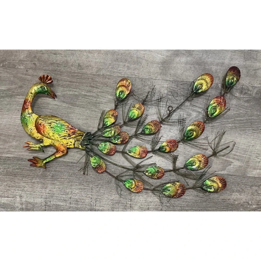 Vtg Metal Peacock Tin Wall Hanging Decor Green Orange Plaque Sign