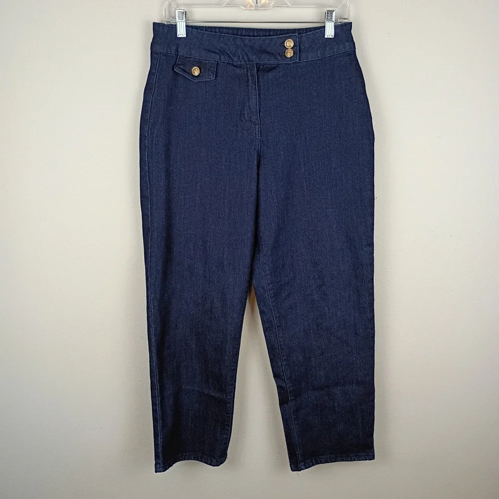 Rachel Zoe Womens Gold Button Sailor Denim Trousers Dark Wash Straight Leg 10