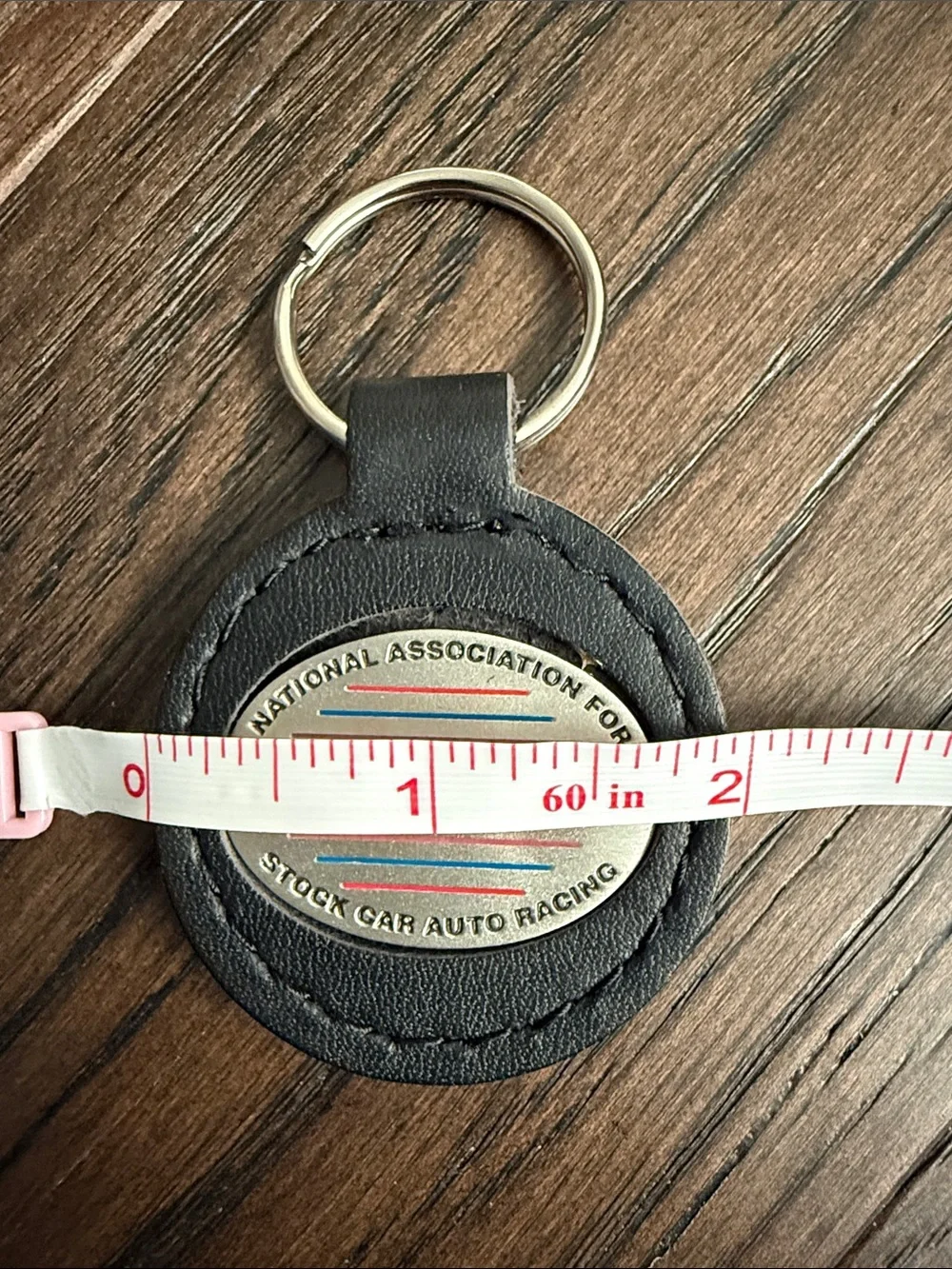 Nascar Black Leather and Pewter Keyring with Multicolor Logo  2”x2.5”