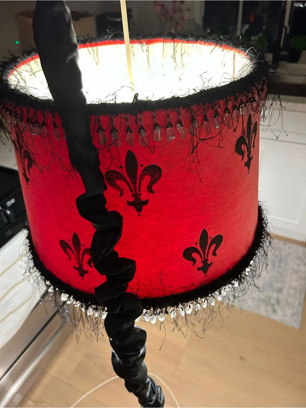 2 Red & Black Fleur-de-Lis Decorative Electrical Lamp Shades