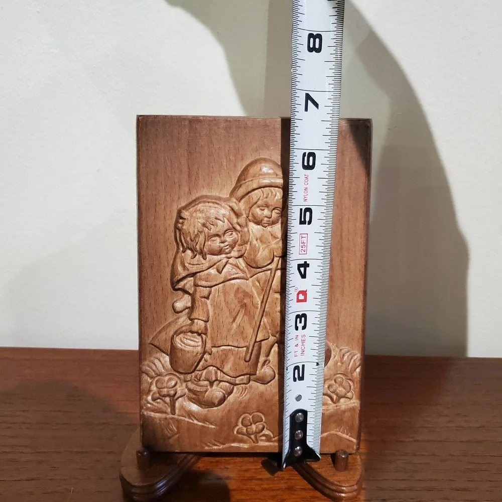 Toni Baur‎ carved wooden wall hanging, boy and girl with fishing pole and fish