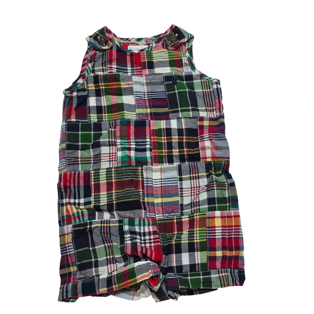 Ralph Lauren Baby Boy Patchwork Madras Plaid Romper Multi Color 6M Cotton