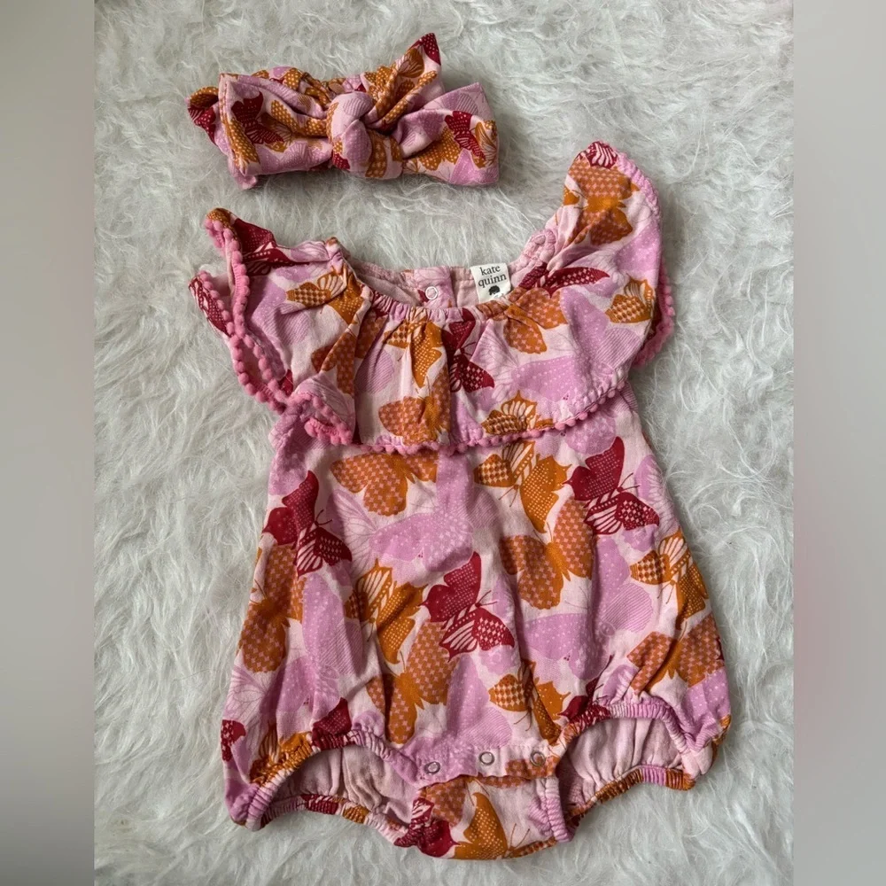 Kate Quinn Frilly Butterfly Baby Bubble Romper & Bow