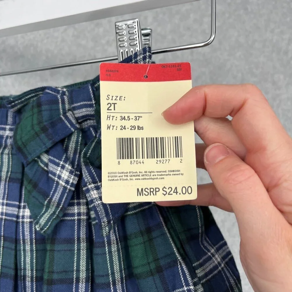 OshKosh Toddle Girls Pleated Plaid Bow Skirt Skort Size 2T Blue Green Tartan NEW