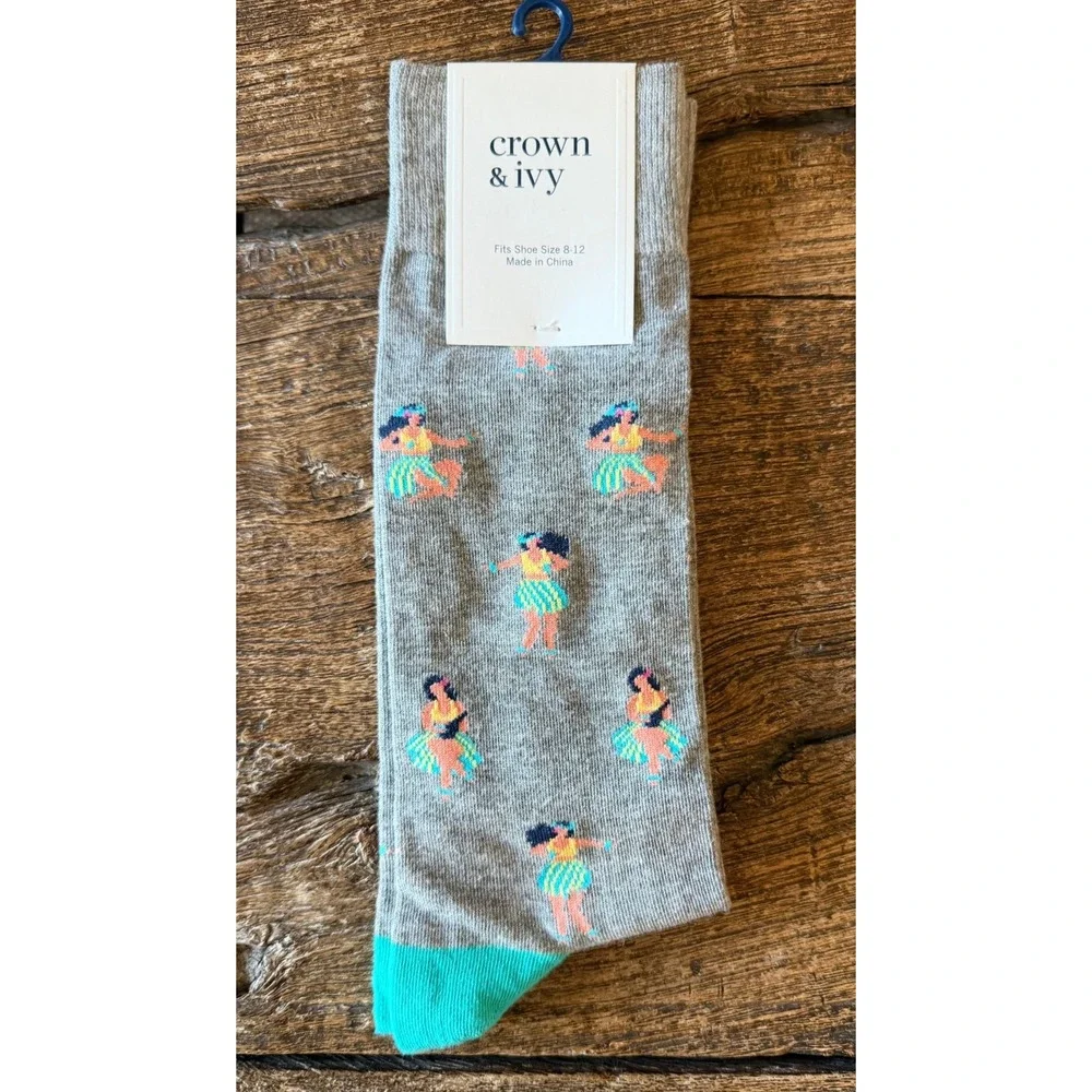 Men's Crown & Ivy SZ 8-12 Dancing Hula Girl Socks Gray/Teal Preppy Tropical Fun