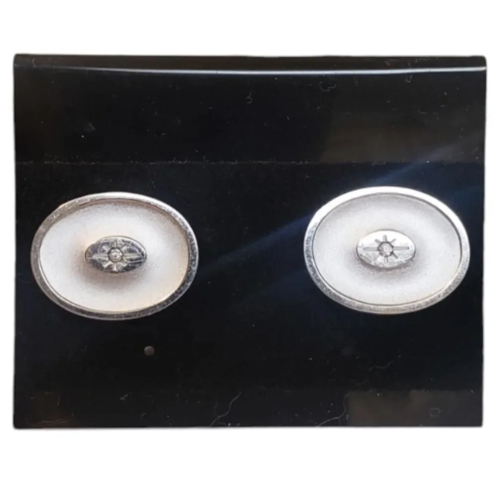 Vintage Oval Cuff Links Two Tone Silver with Rhinestone Polished & Matte Silver