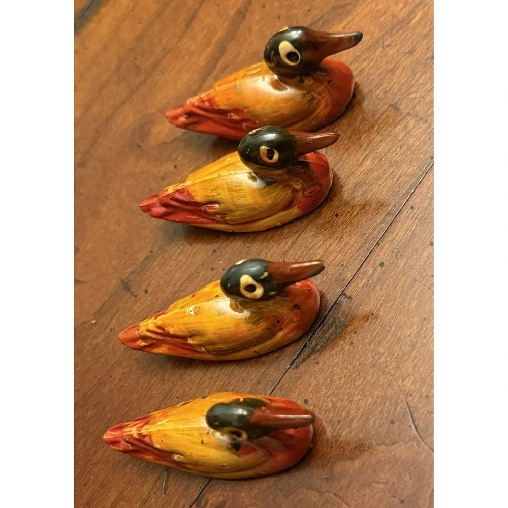 Vintage Hand Carved Wooden Mandarin Ducks Chopstick Rests Figurines Set of 4