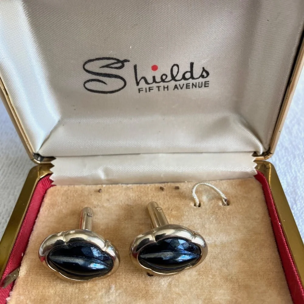 Vintage Shields Fifth Avenue Black Onyx-Style Cufflinks (Mid-1960s)