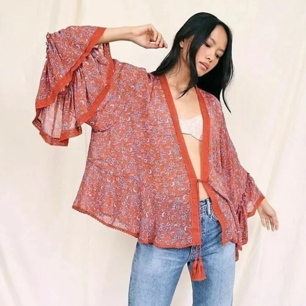 Free People LOLA Long Bell Floral Rust Open-Front Women's Top M
