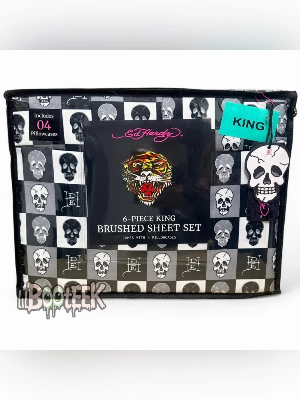 Ed Hardy 6 Piece KING Black & White Checkerboard Skull Sheet Set NEW VIRAL Y2K