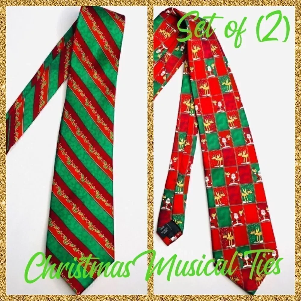 🎄Set of 2 Novelty Christmas Musical Ties – Red & Green Holiday Prints NOEL Santa