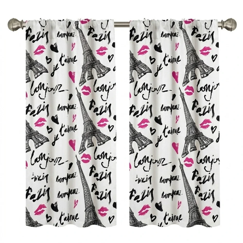 Ambesonne Paris Eiffel Tower Curtains 2 Panel Set White Pink Black 56x84 NEW