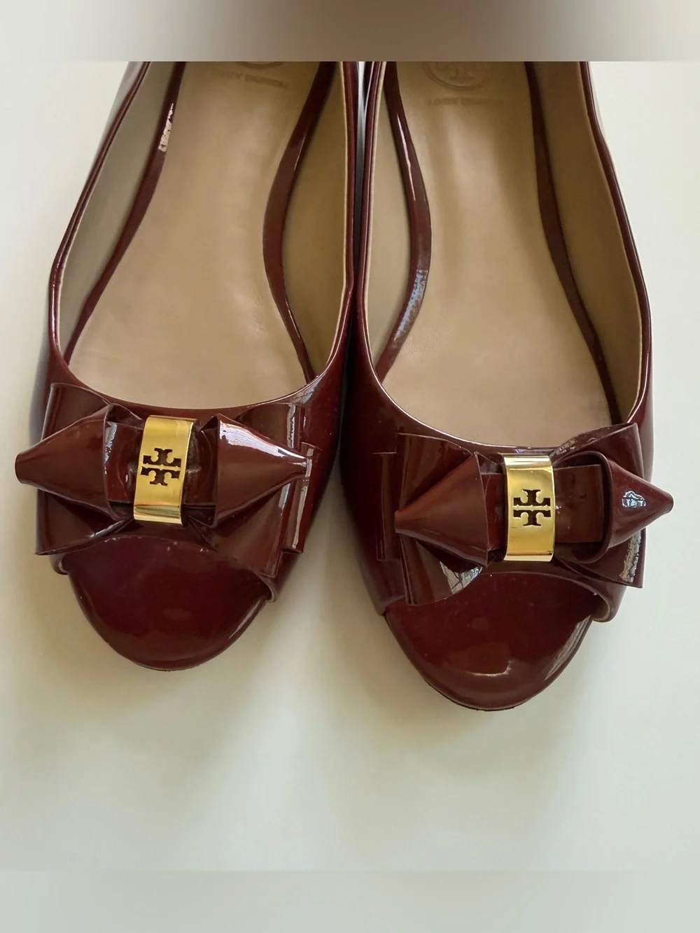 Tory Burch Maroon Patent Peep-Toe Bow Flats with Gold Logo Accent