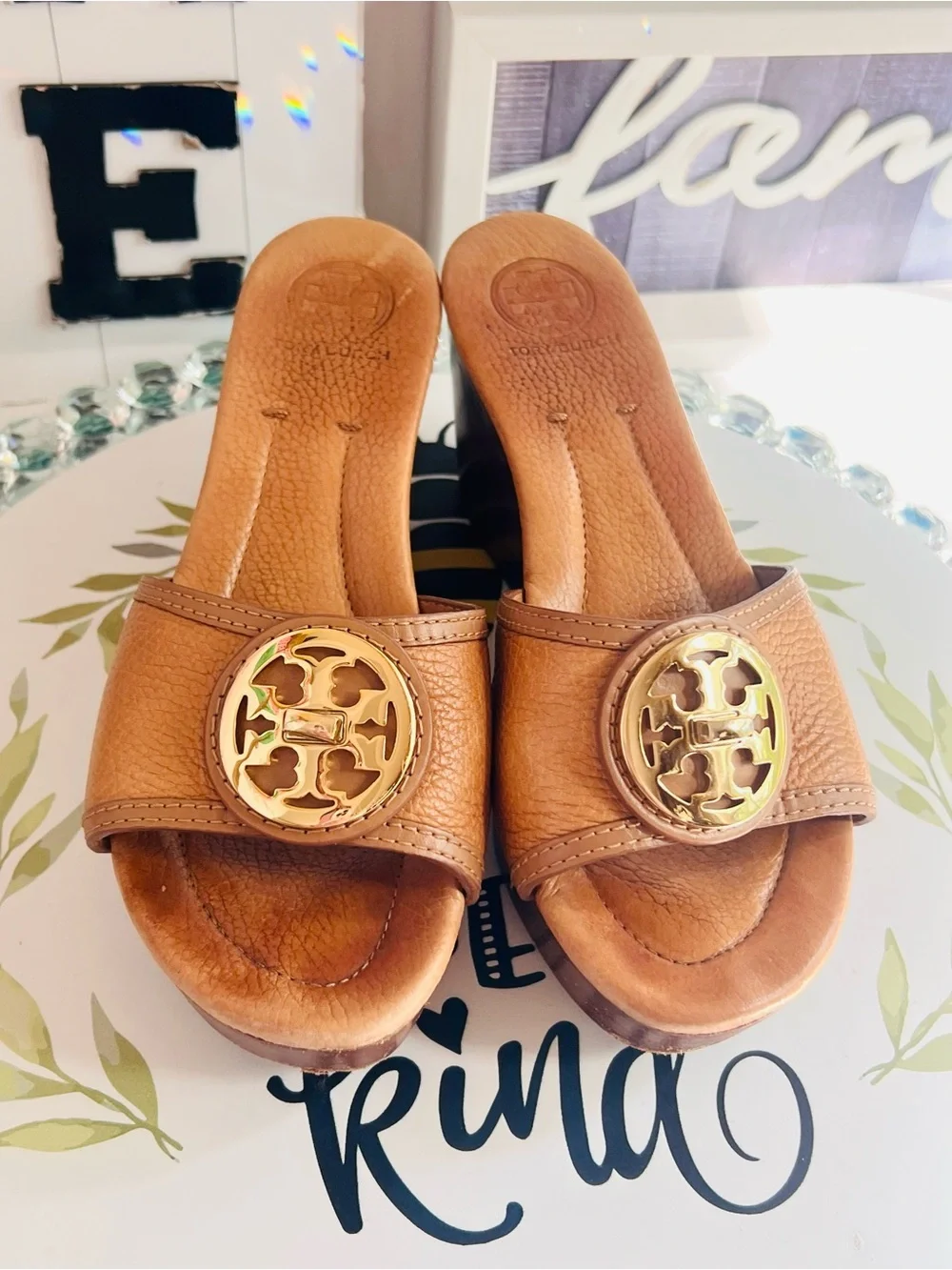 Tory Burch Cognac Leather Slide Mules with Gold Logo size 8M