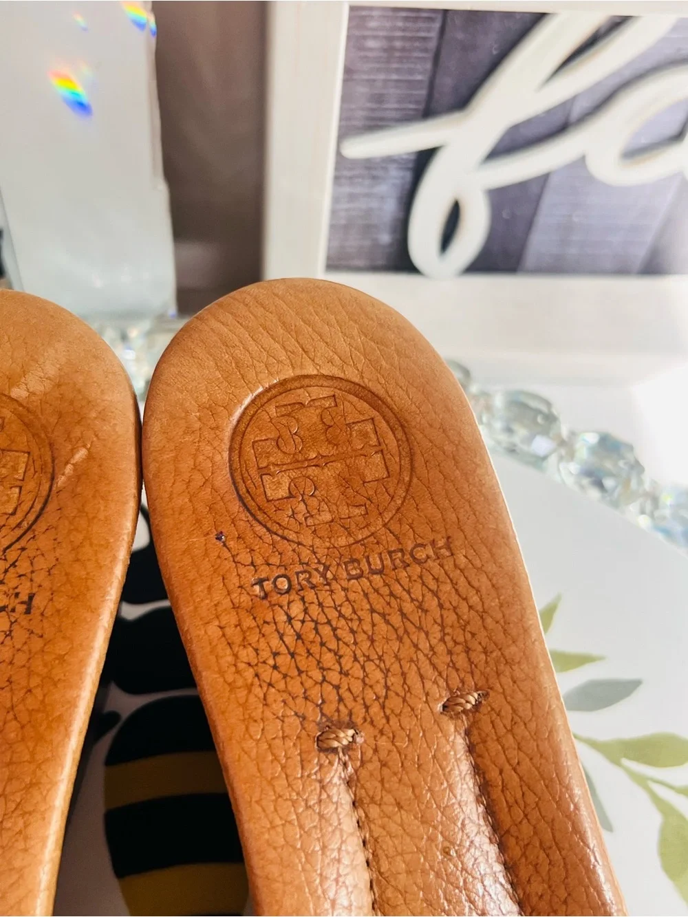 Tory Burch Cognac Leather Slide Mules with Gold Logo size 8M