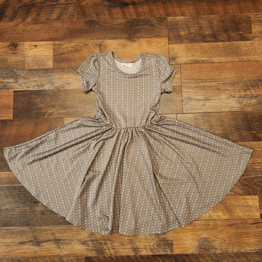 DotDotSmile Girls Grey Polka Dot Short Sleeve Twirl Dress Size 5/6 Pink White