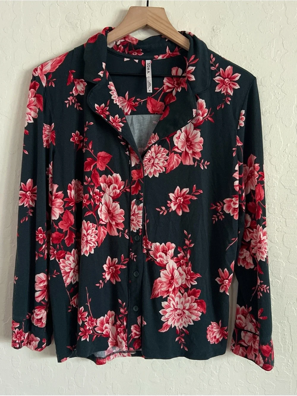 Soma Cool Nights Long Pajama Set Long Sleeve Top Pull On Pants Medium Floral