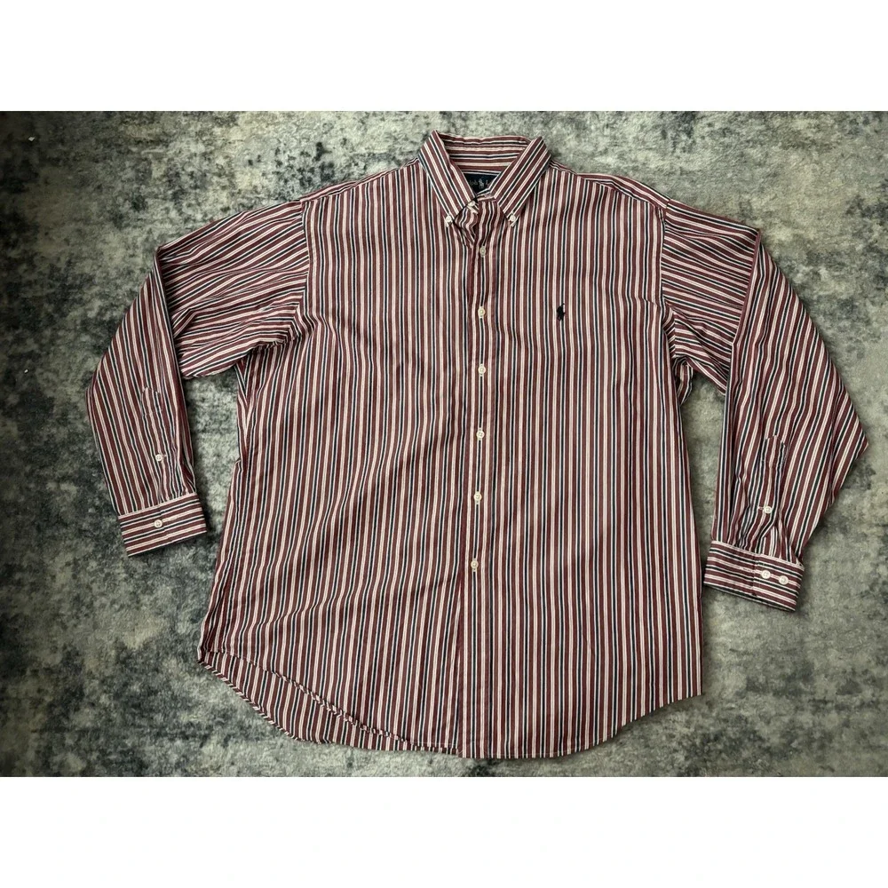 Polo Ralph Lauren Mens L 16.5 34/35 Yarmouth Red Blue Striped‎ Long Sleeve Shirt