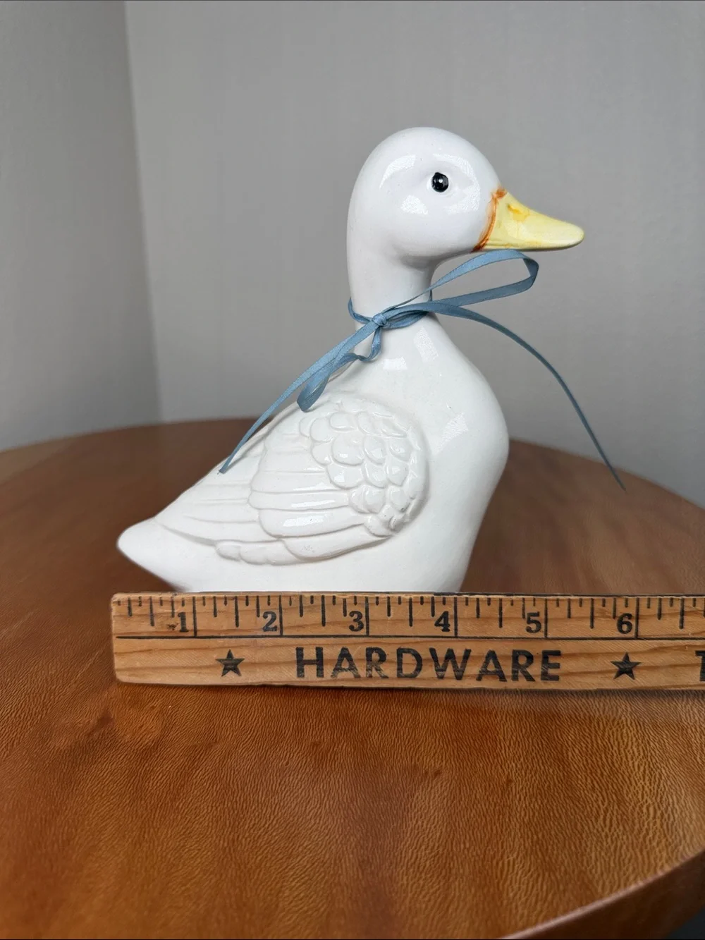 Vintage Hand Crafted Hand Made Ceramic Duck White Yellow Blue Bow Farmhouse