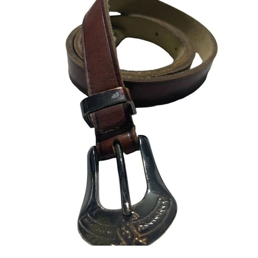 Vintage Brown Leather Western Belt‎ Eagle Buckle Silver Tip Skinny Americana