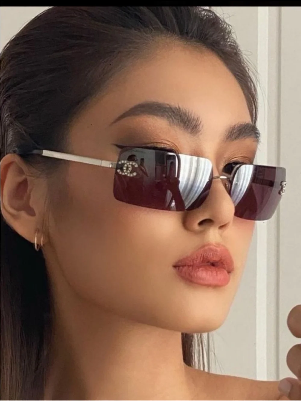 Chanel Vintage Burgundy Rimless Swarovski cc’s Sunglasses