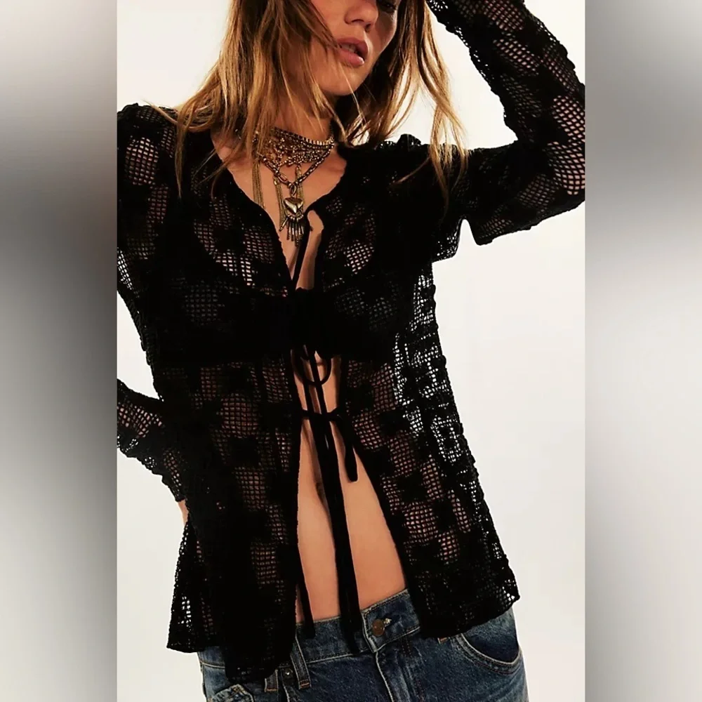 Free People Women’s Julie Knit Black Sheer Lace Cardigan Size XS Crochet Bow Tie