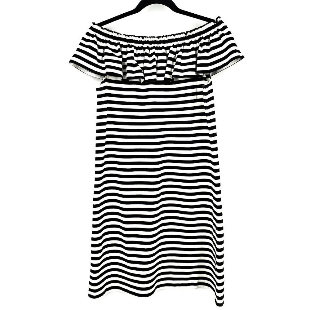 Kate Spade Off Shoulder Stripe Ruffle Shift Dress Black/White‎ Small