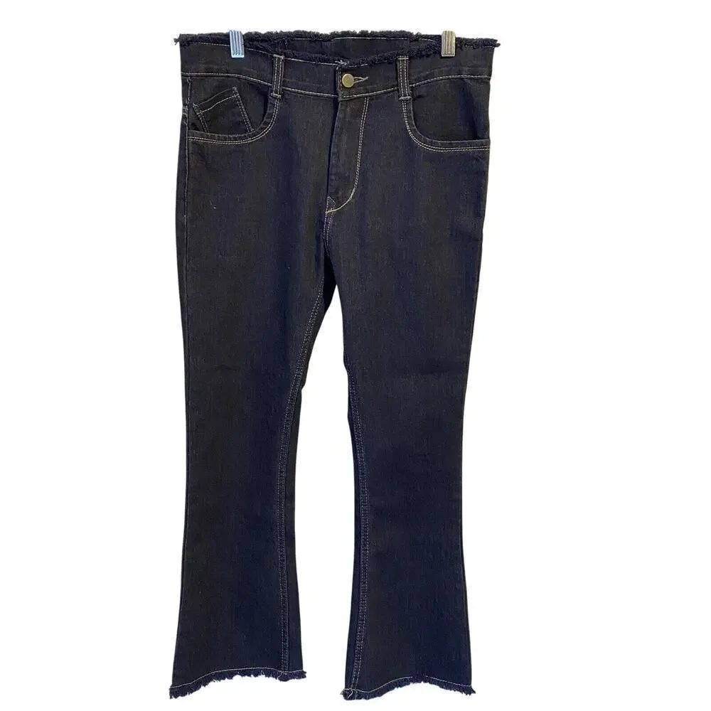 Y2K Neel Jeans Womens Waist 30 L 37 Low Rise Flare Leg Denim Fray Hem Navy Blue