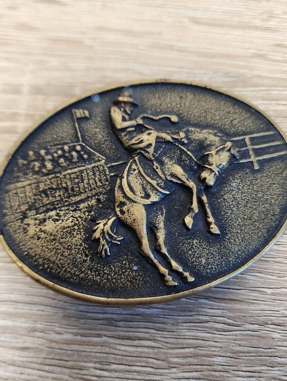 VINTAGE Solid Brass Bronc Riding Cowboy Rodeo Belt Buckle USA