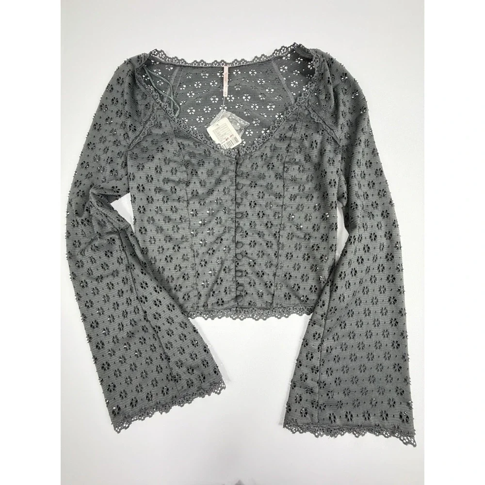 Free People Eyelet Lace Button Front Crop Top Gray Size XS Bell Sleeve Boho