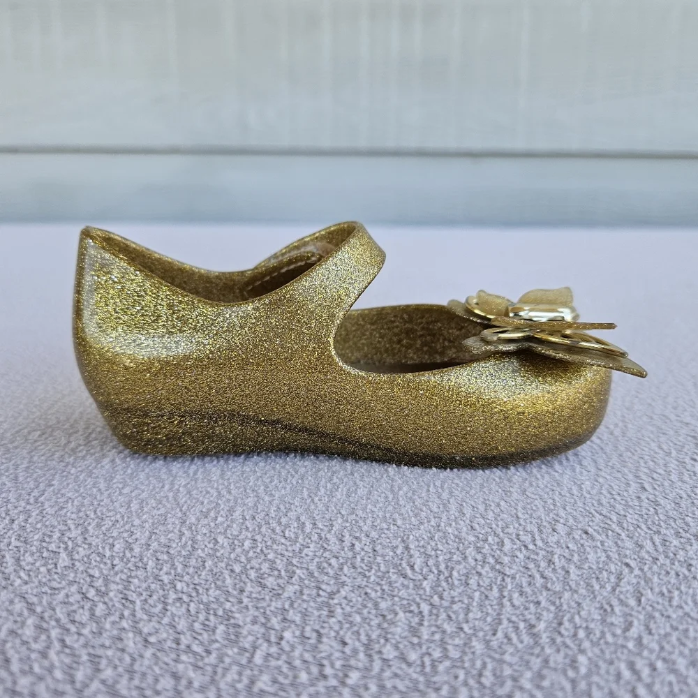 Mini Melissa Ultragirl Butterfly Gold Mary Jane Jelly Flats SZ 6 Hook & Loop