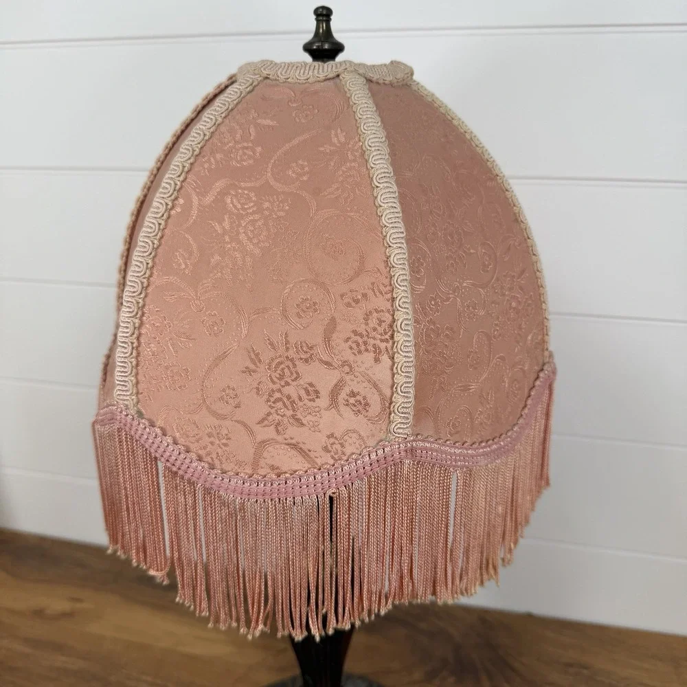 Vtg Victorian Fringed Lamp Shade Only Art Nouveau Brocade Panels Scalloped Edge