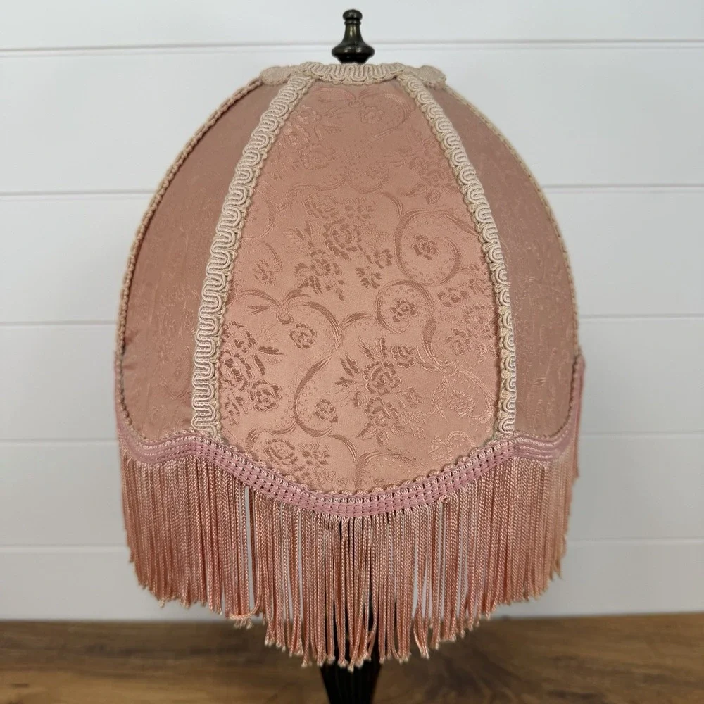 Vtg Victorian Fringed Lamp Shade Only Art Nouveau Brocade Panels Scalloped Edge
