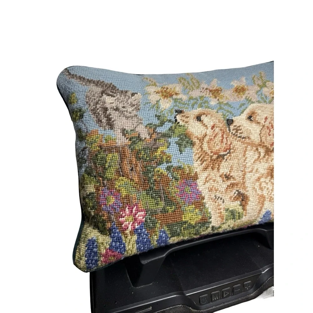 VTG Needlepoint Throw Pillow Golden Retriever Puppies Cat Floral Velvet Back