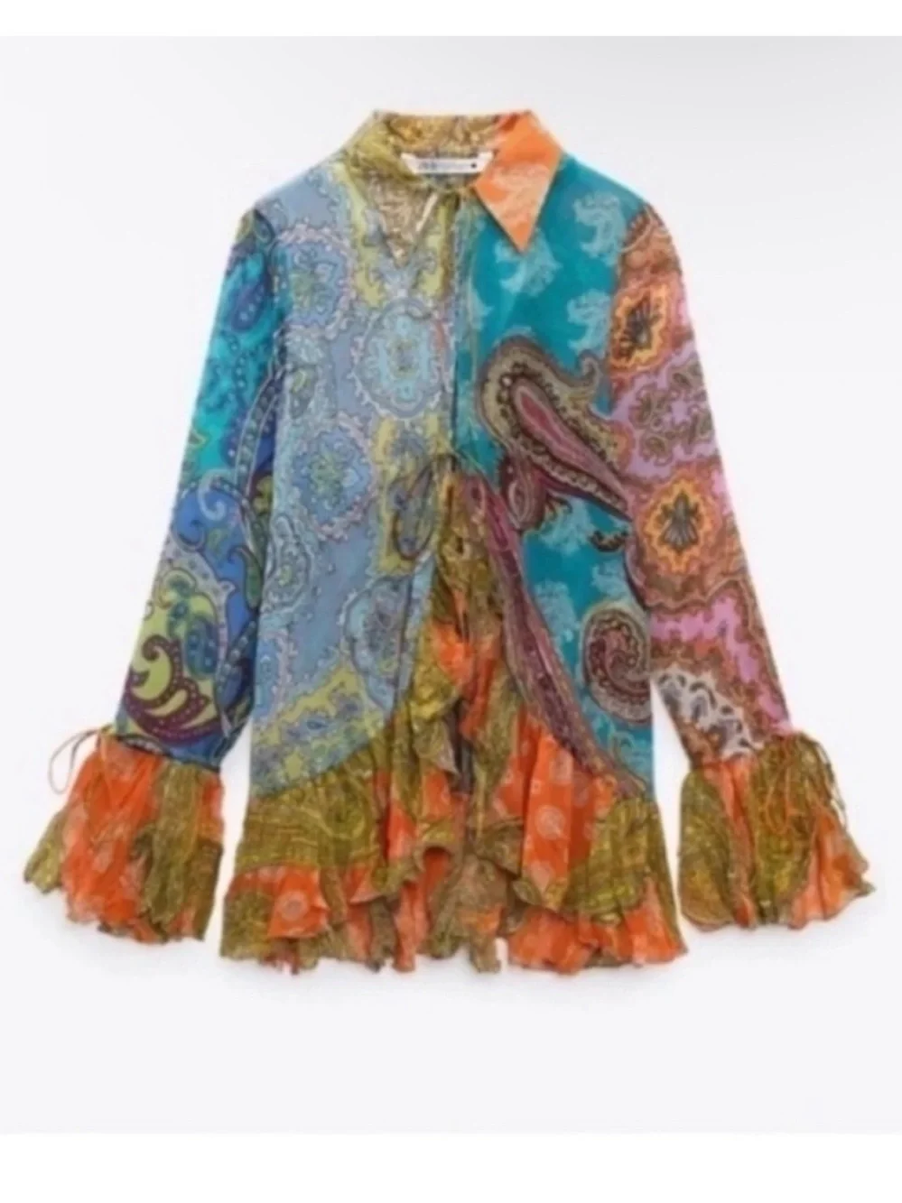 Zara Sheer Paisley Printed Ruffle Blouse