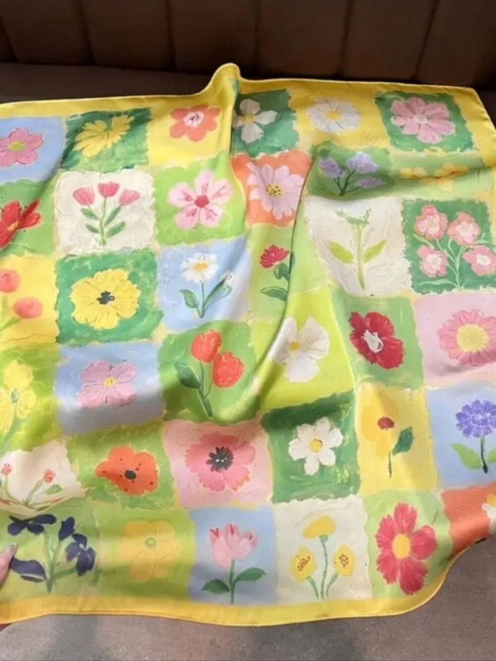Floral Patchwork Silk Scarf - Yellow Multi