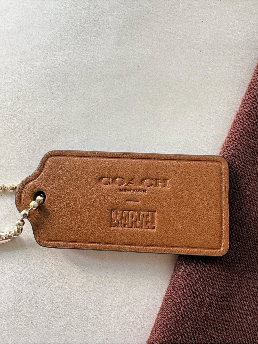 Coach Tan Leather Key & Card Holder Tag with Brass-Tone Chain