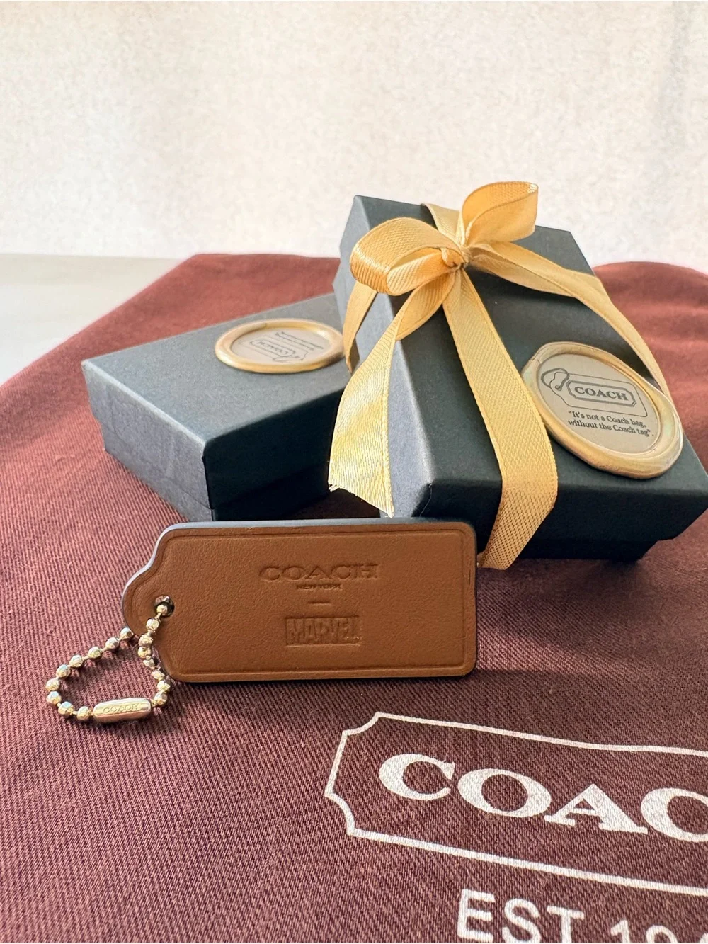 Coach Tan Leather Key & Card Holder Tag with Brass-Tone Chain