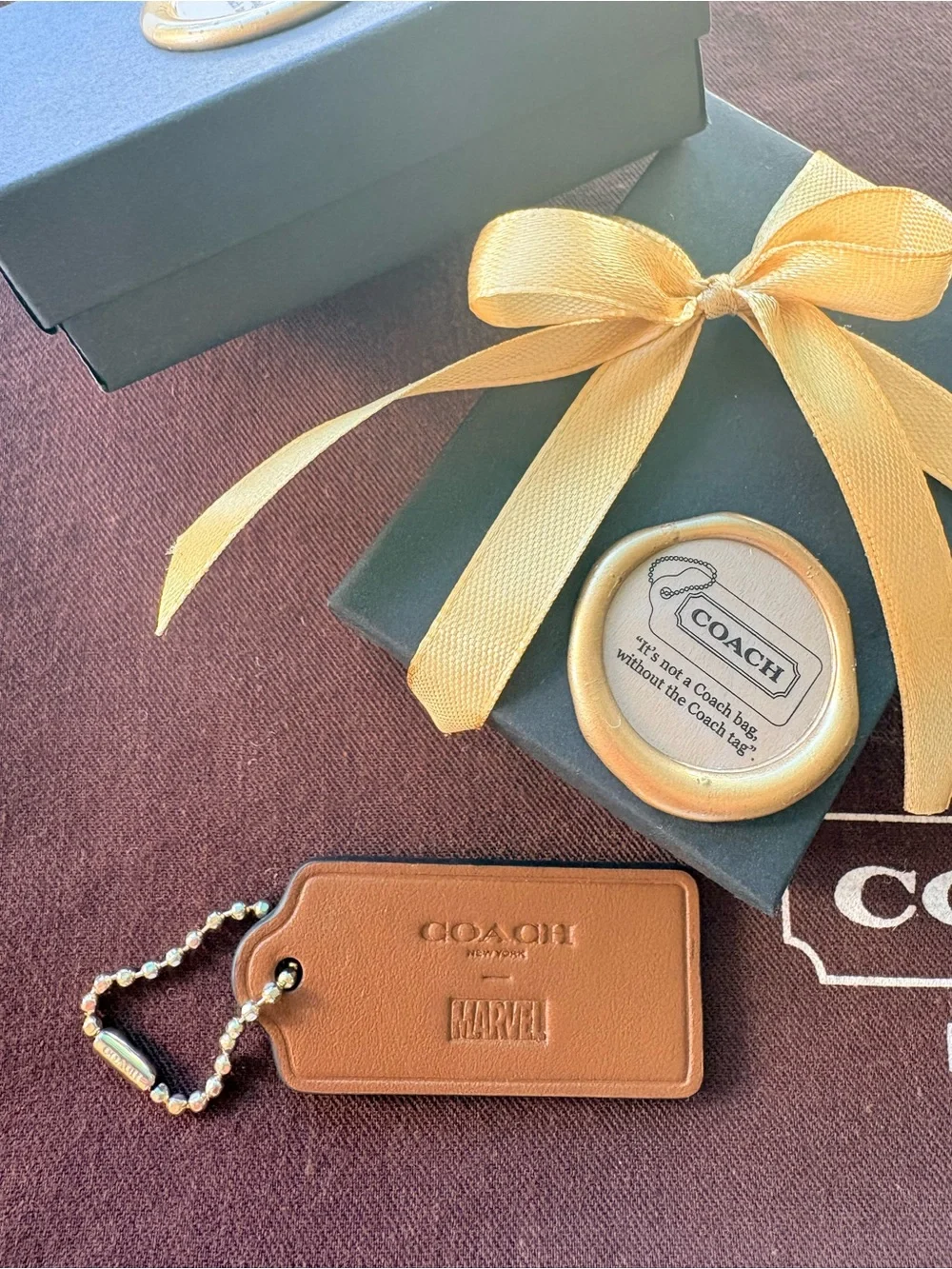 Coach Tan Leather Key & Card Holder Tag with Brass-Tone Chain