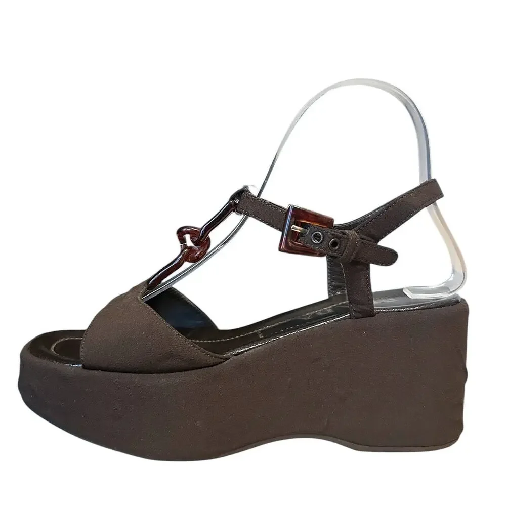 Prada vintage brown platform wedge tortoise chain sandals  Y2K 8